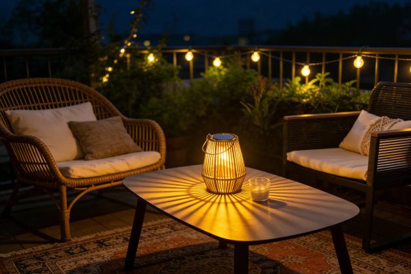 Rattan lantern glowing on a patio table
