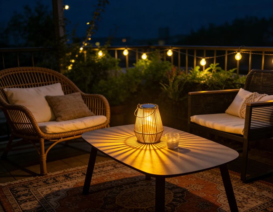 Rattan solar lantern glowing on a rooftop patio table with string lights
