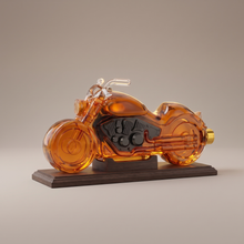Motorcycle whiskey decanter on its wooden display base