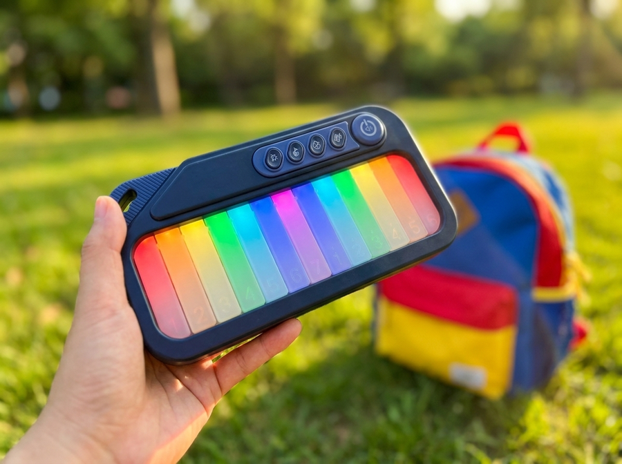 Compact mini piano held in one hand with a kids backpack outdoors