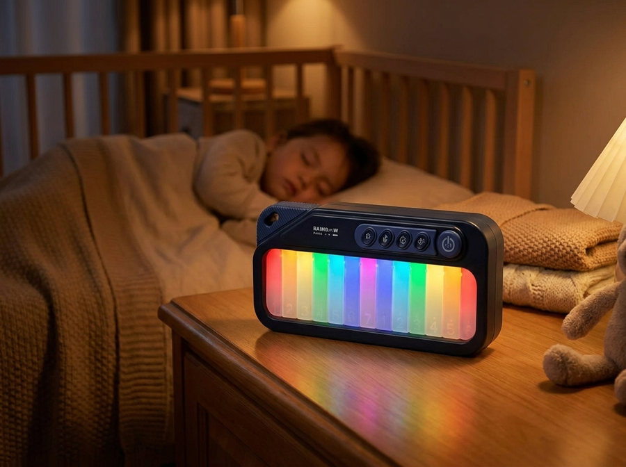 Mini piano glowing softly as a night light beside a sleeping child