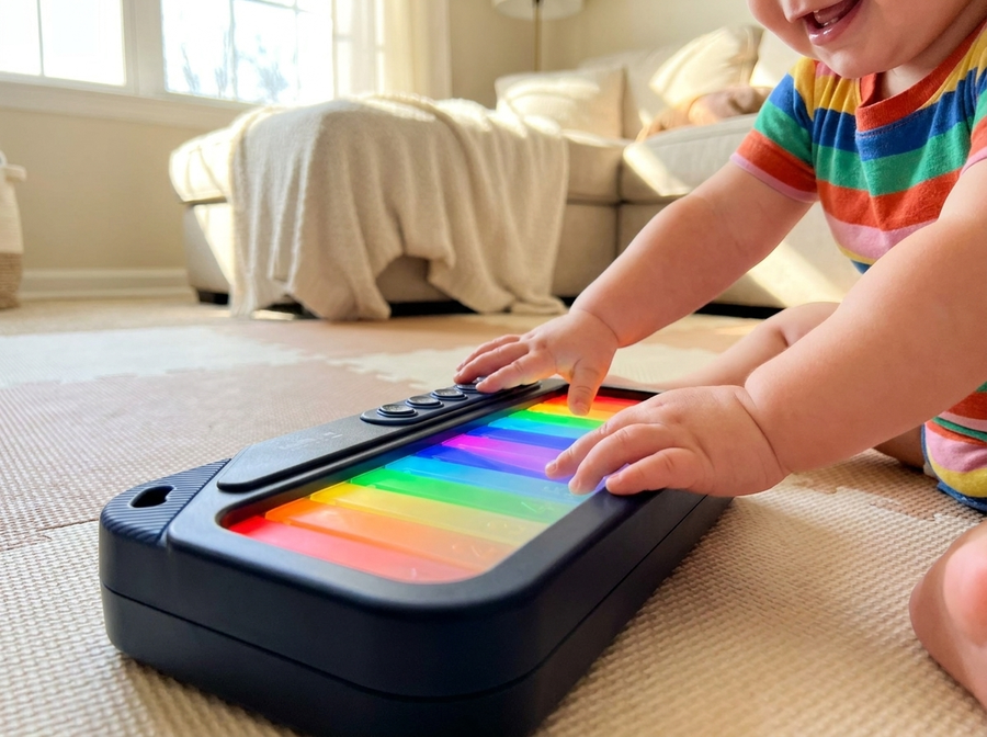 Toddler pressing the glowing rainbow keys of the mini piano