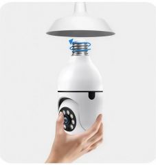 A hand screwing the bulb camera into a ceiling light fixture