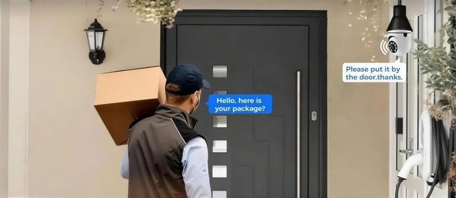 A delivery driver setting a parcel down by a front door