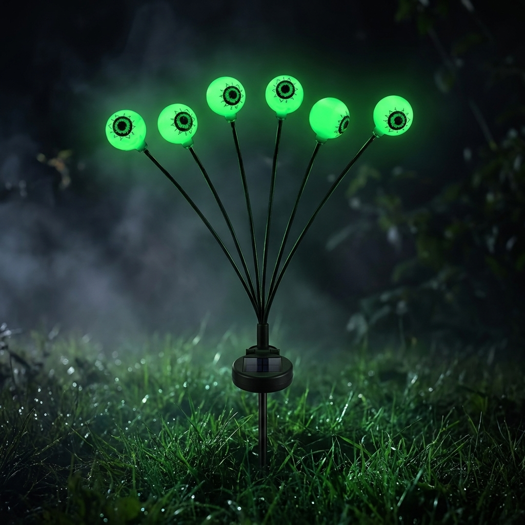 Single stake with six glowing green eyeballs