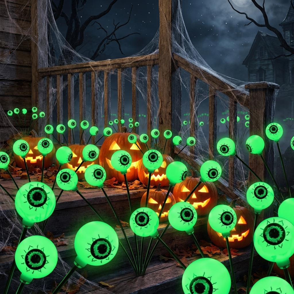 Eyeball lights among carved pumpkins on porch steps