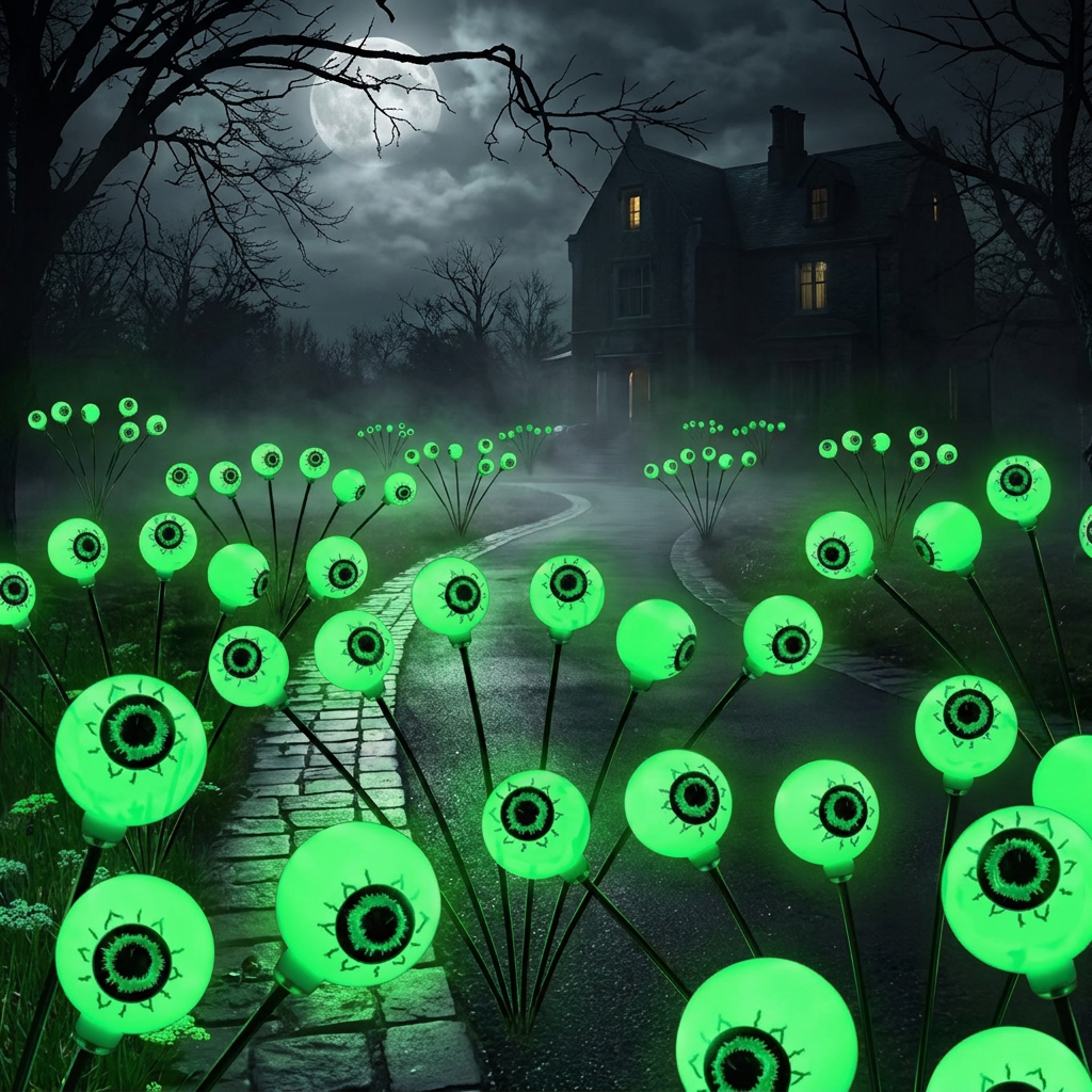 Driveway lined with glowing eyeball stakes at night