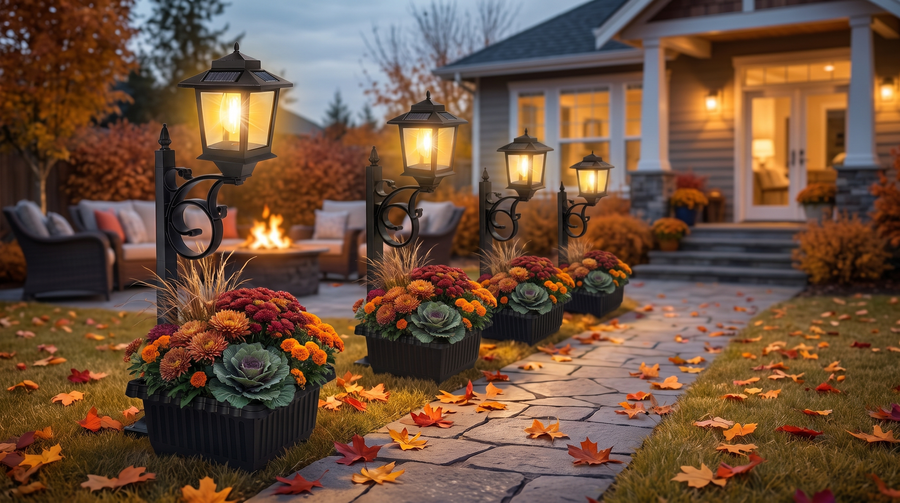 Warm solar planter lamps lining a garden path at twilight