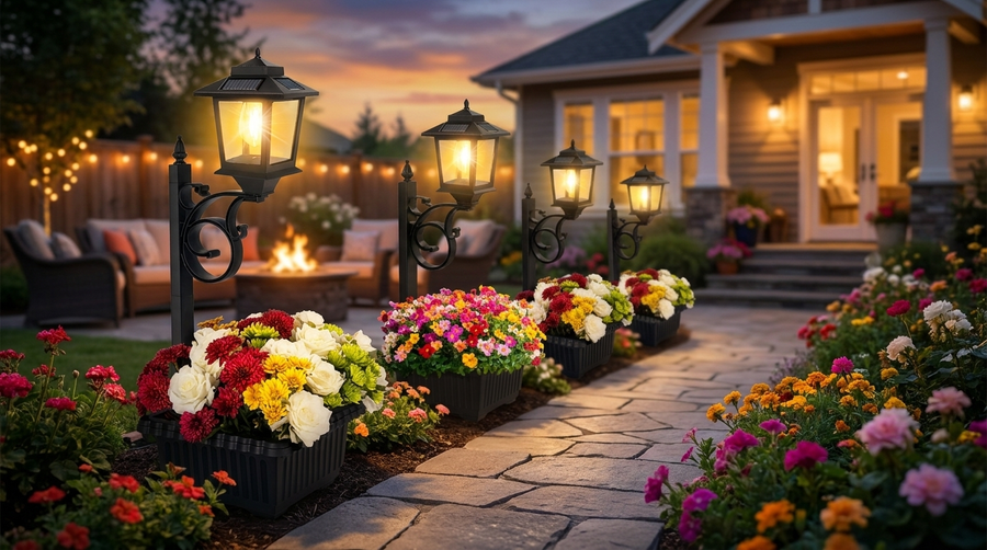 Warm solar planter lamps lining a garden path at twilight