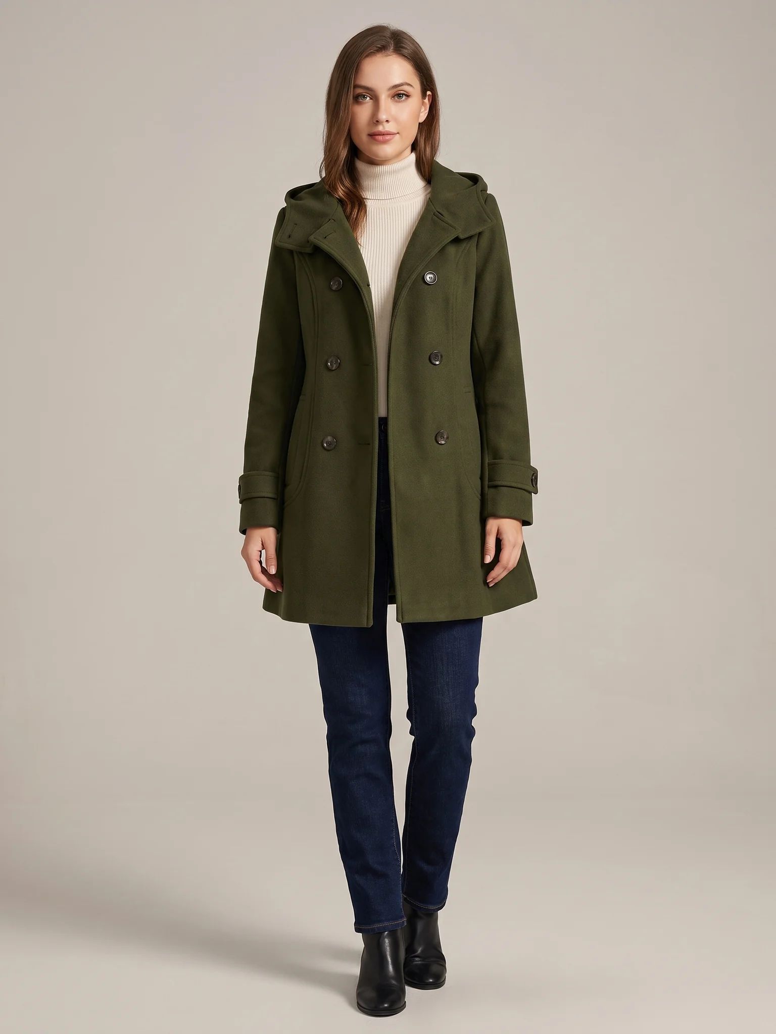 Army Green hooded wool pea coat shown from the front on a model, buttoned, hood down
