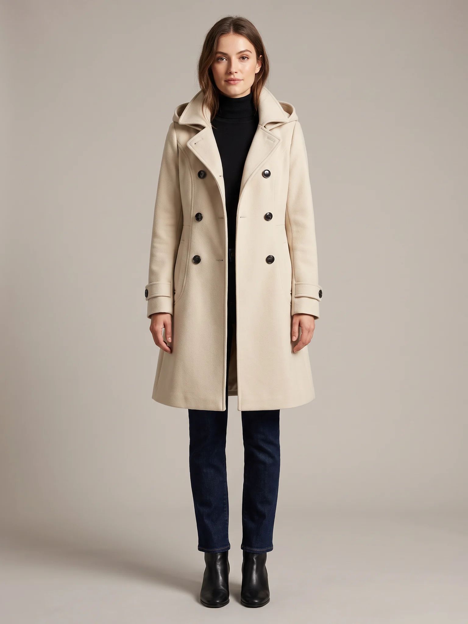 Cream hooded wool pea coat shown from the front on a model, buttoned, hood down