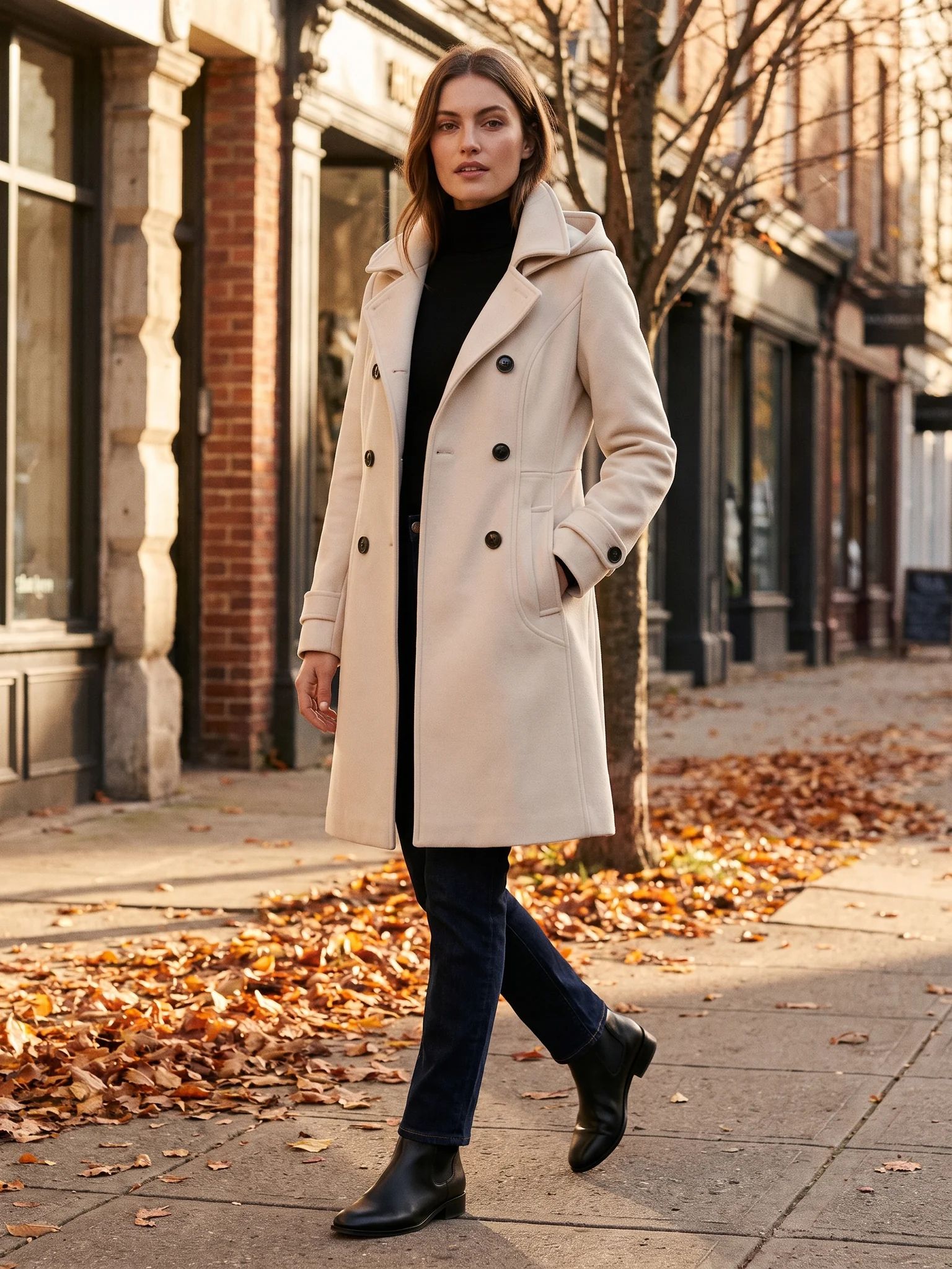 A woman wearing the Cream hooded wool pea coat walking a city sidewalk on an autumn afternoon