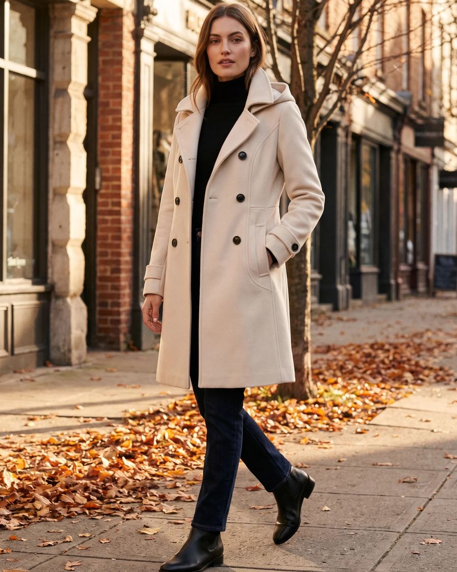 A woman wearing the Cream hooded wool pea coat walking a city sidewalk on an autumn afternoon