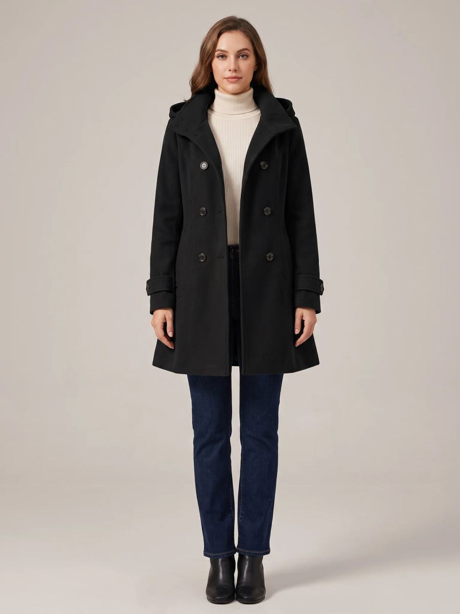 Black hooded wool pea coat shown from the front on a model, buttoned, hood down