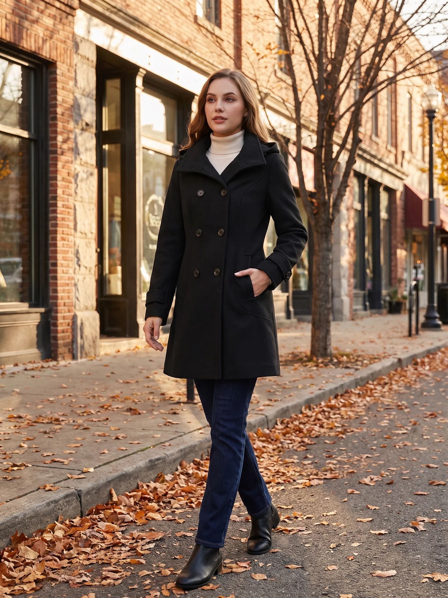 A woman wearing the Black hooded wool pea coat walking a city sidewalk on an autumn afternoon