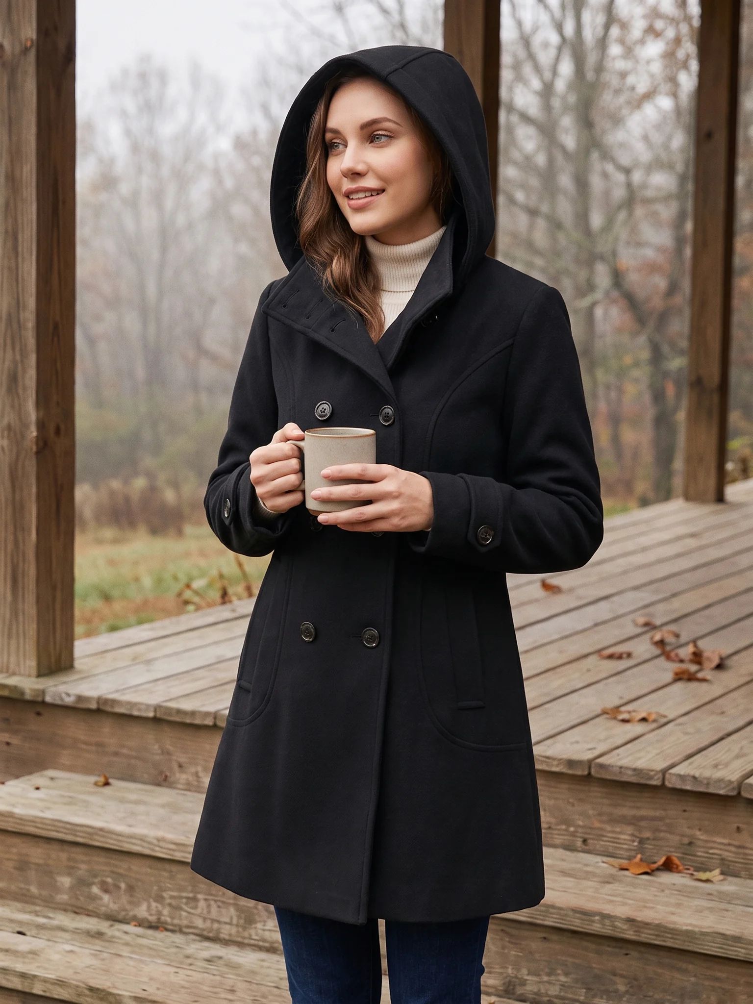 A woman in the Black hooded wool pea coat with the hood up, holding a mug on a porch