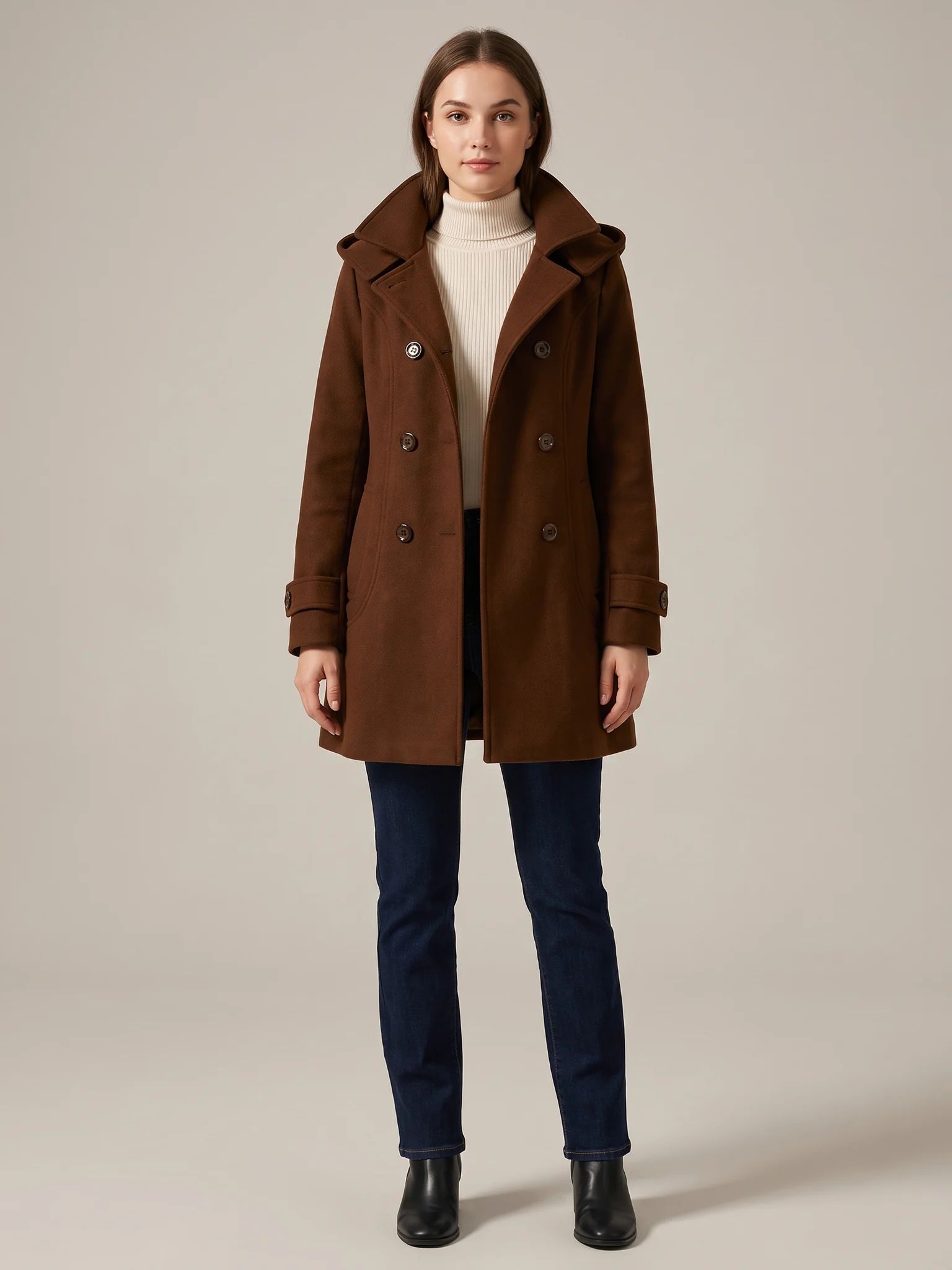 Chocolate hooded wool pea coat shown from the front on a model, buttoned, hood down