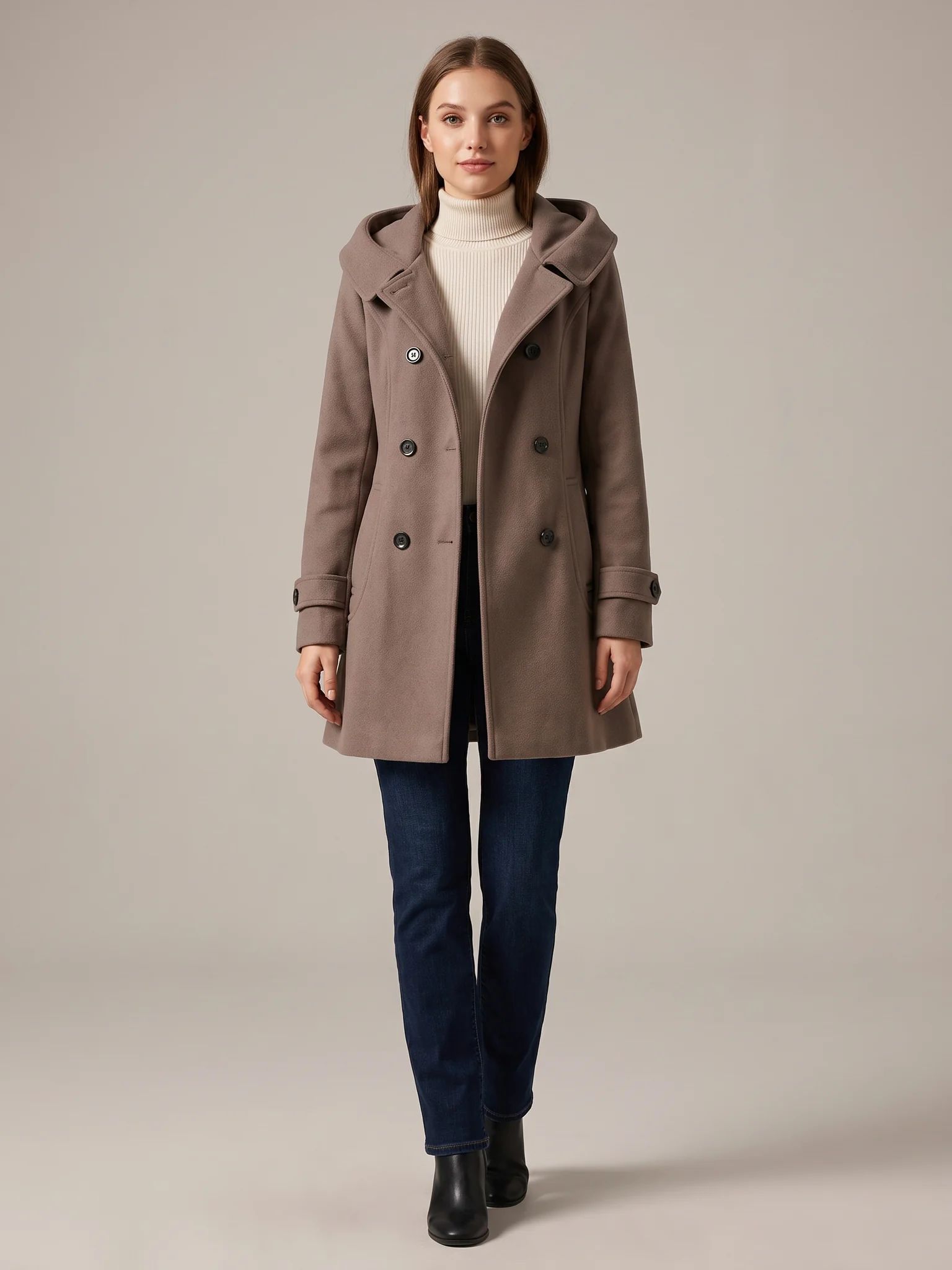Coffee hooded wool pea coat shown from the front on a model, buttoned, hood down