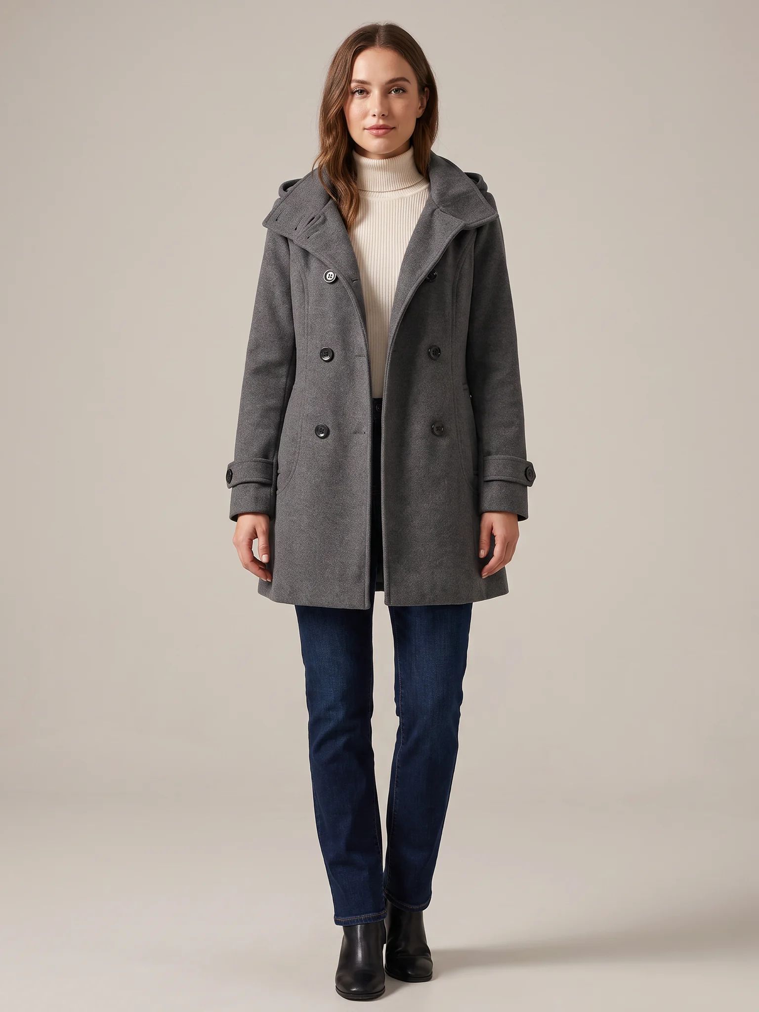 Charcoal hooded wool pea coat shown from the front on a model, buttoned, hood down