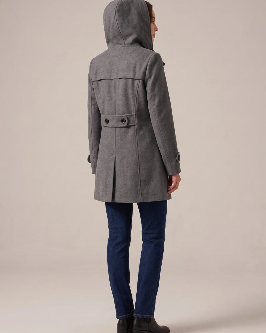 Back of the Charcoal hooded wool pea coat with the hood up, showing the buttoned waist tab and back vent