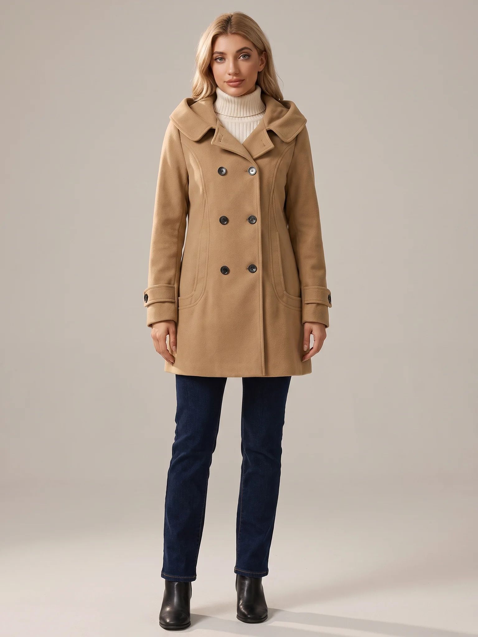 Camel hooded wool pea coat shown from the front on a model, buttoned, hood down