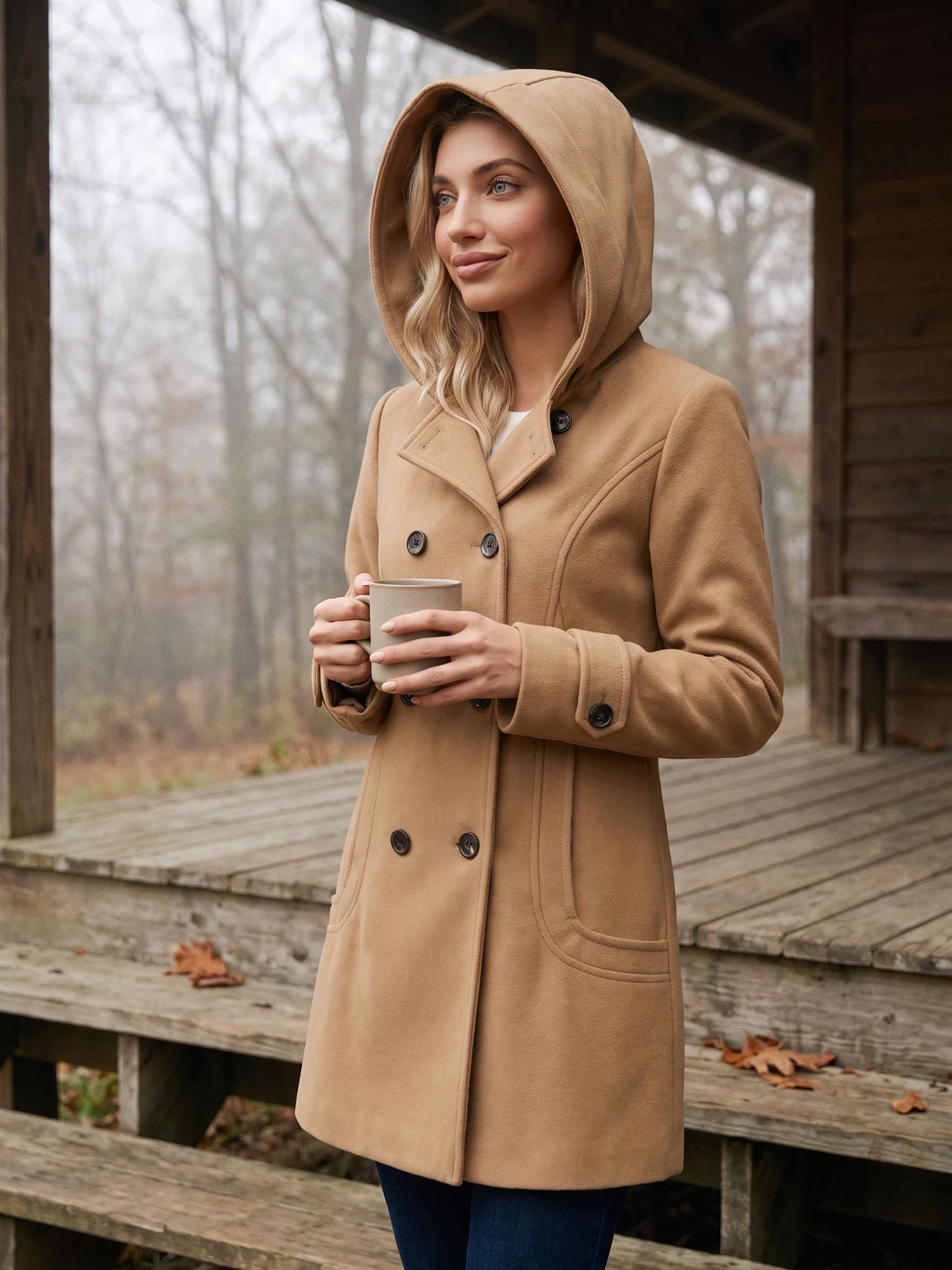 A woman in the Camel hooded wool pea coat with the hood up, holding a mug on a porch