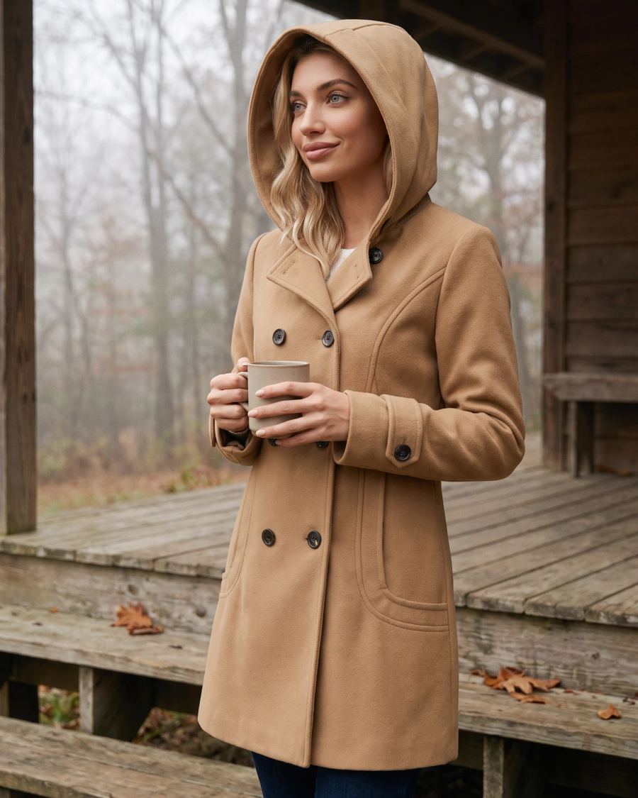 A woman in the Camel hooded wool pea coat with the hood up, holding a mug on a porch