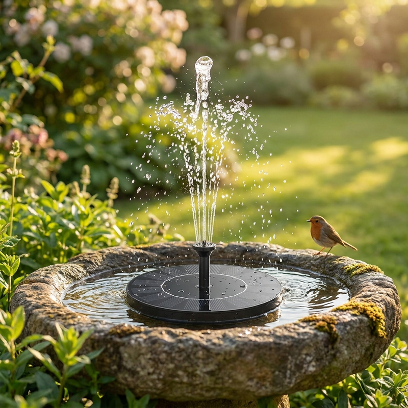 Colorful Solar Fountain Pump spraying water in a stone garden bird bath at golden hour