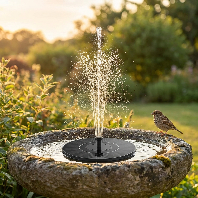 Solar fountain spraying water in full sun