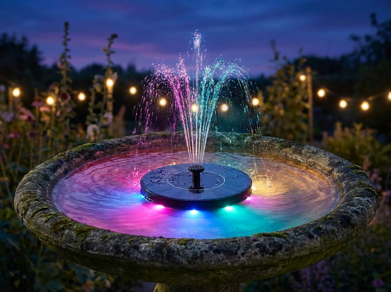 Solar fountain glowing in 8 colors at dusk