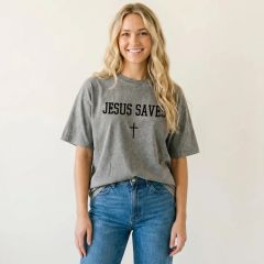 Jesus Saves tee, Stone Grey