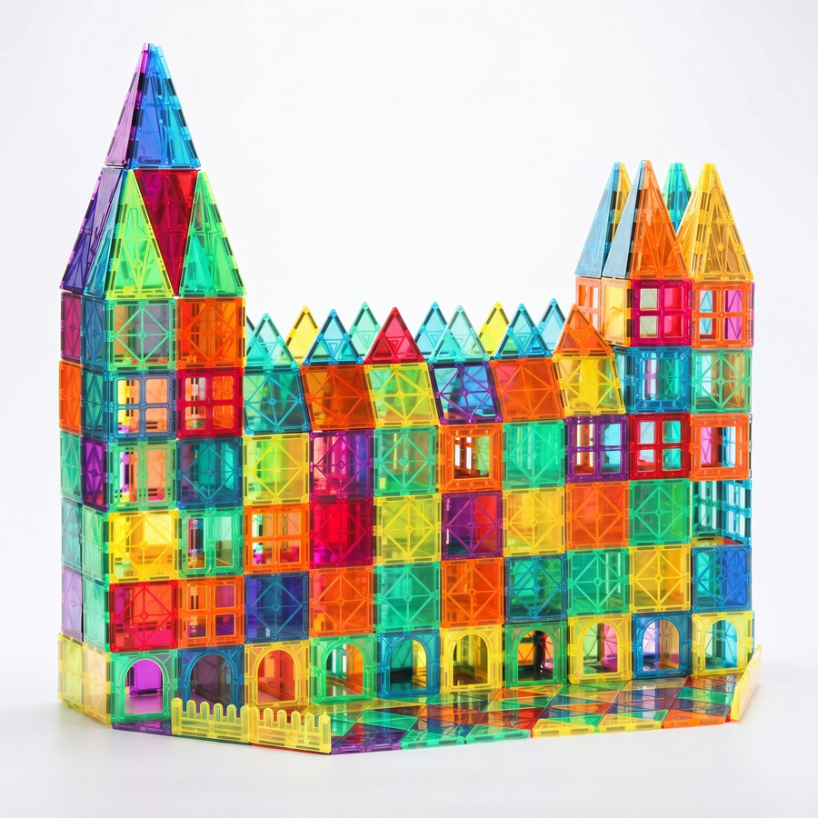 Colorful castle built from translucent STEM magnetic tiles