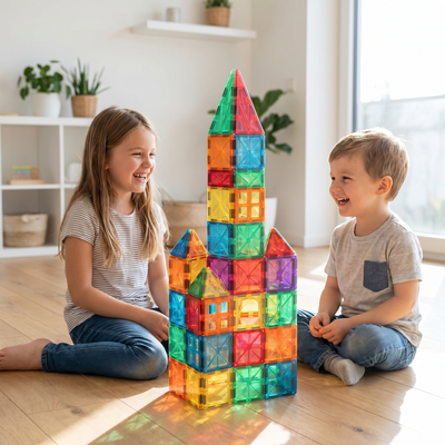 Kids playing with the magnetic tile set