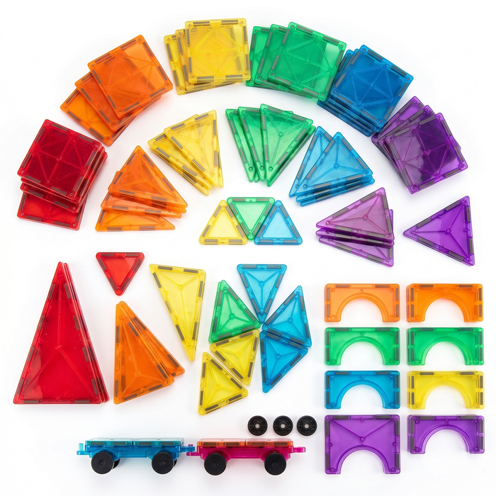 All 100 pieces laid out: translucent tiles, arches and 2 magnetic cars