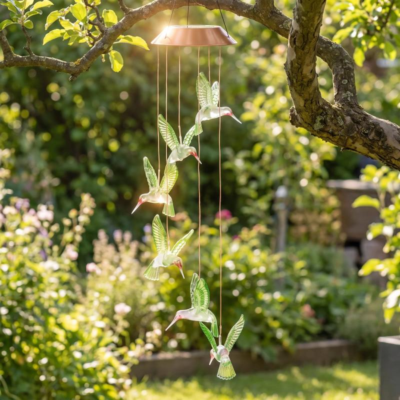 Hummingbird chime hanging from a tree branch in a sunlit garden