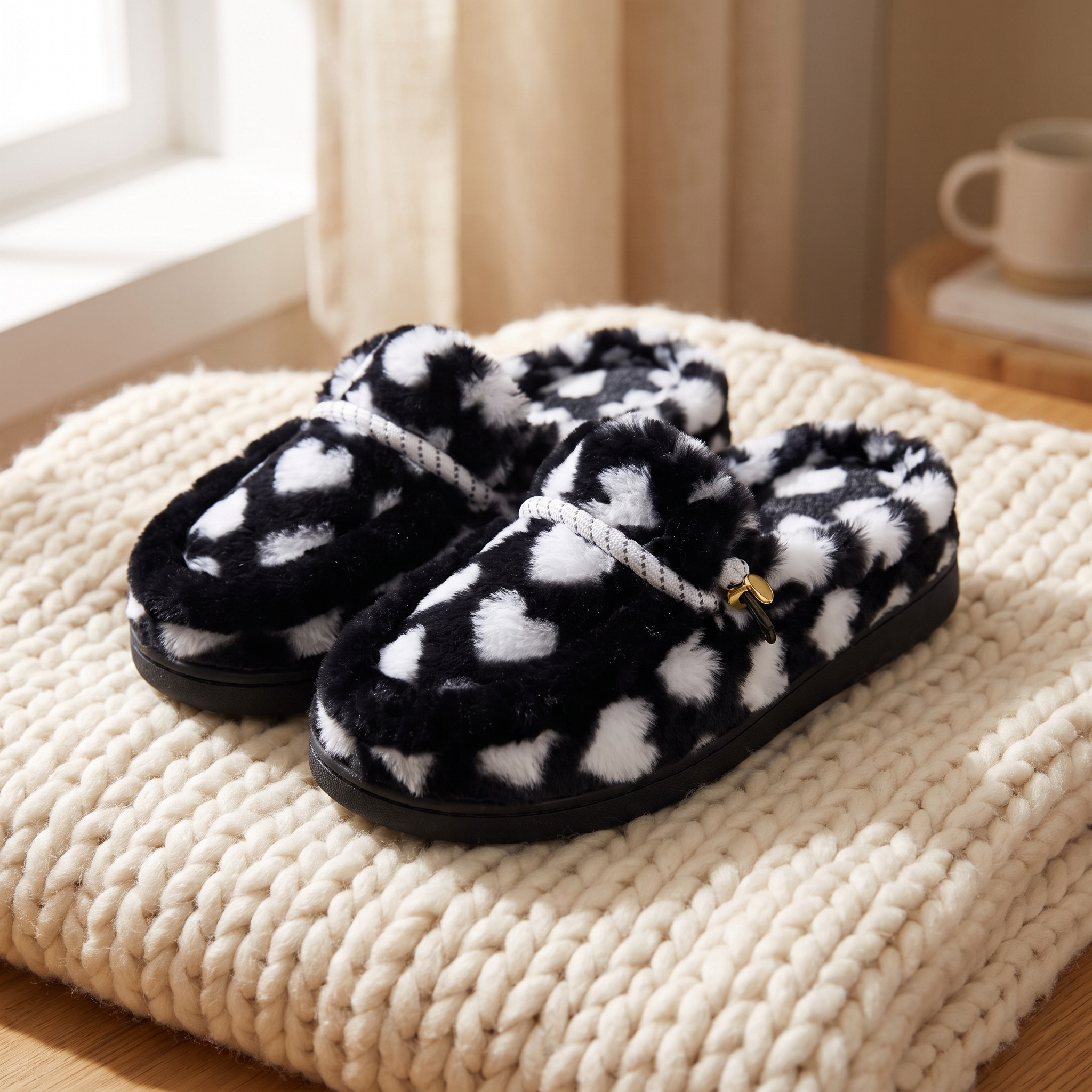 Plush heart-print house slippers