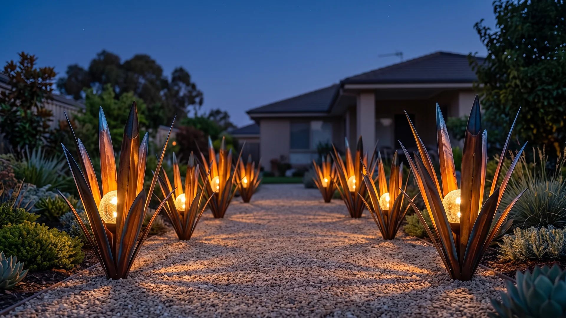 A row of agaves lining a gravel drive at night